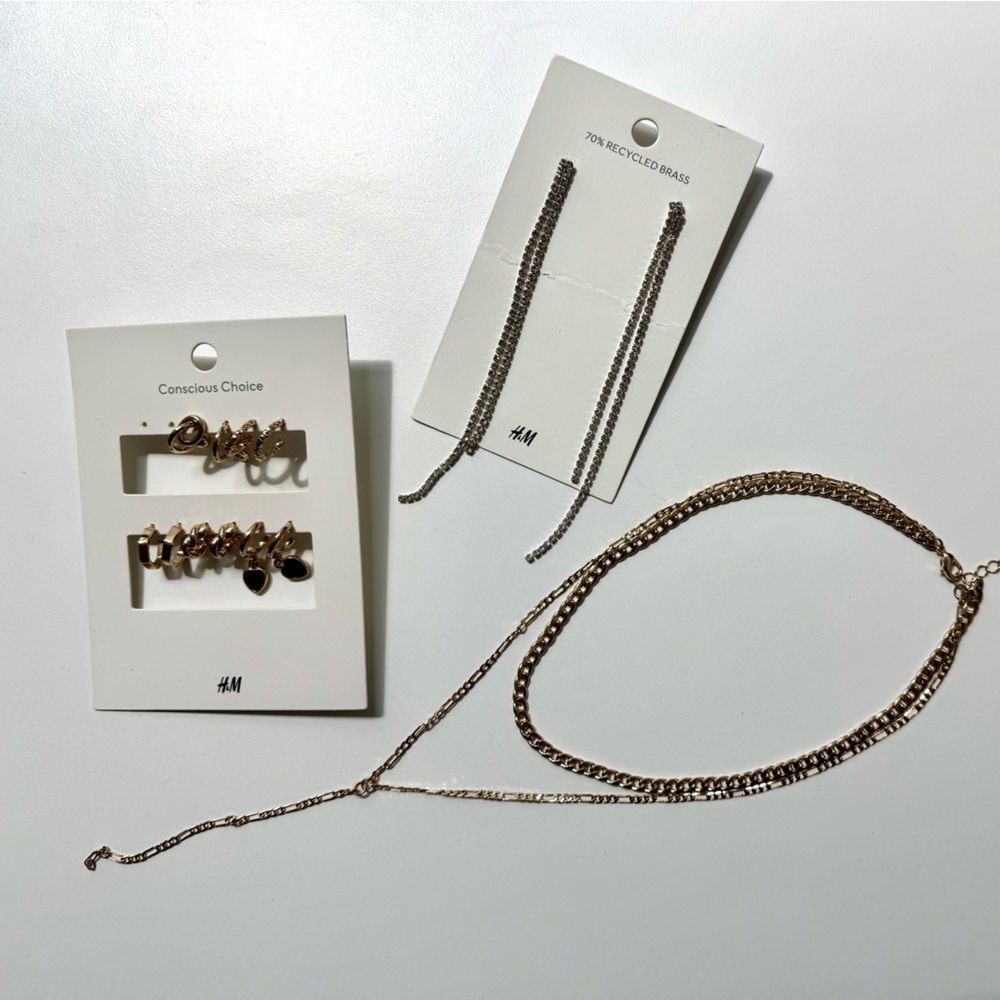 H&M Gold Tone Jewelry Bundle: 6 Pairs Earrings & Layered Necklace Set